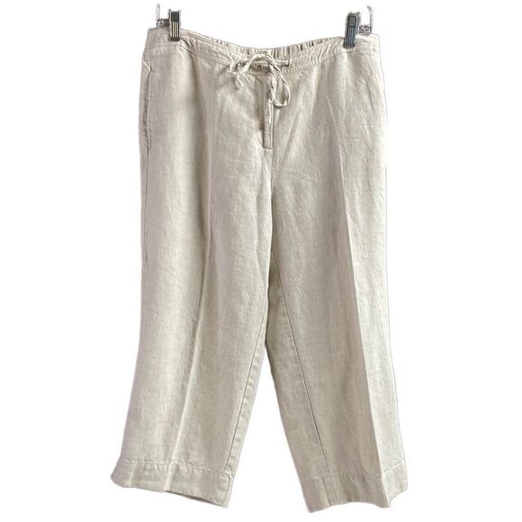 KIM ROGERS Oatmeal Capri Wide Leg Pants Womens Size 12 100% Linen Pockets - Picture 1 of 9